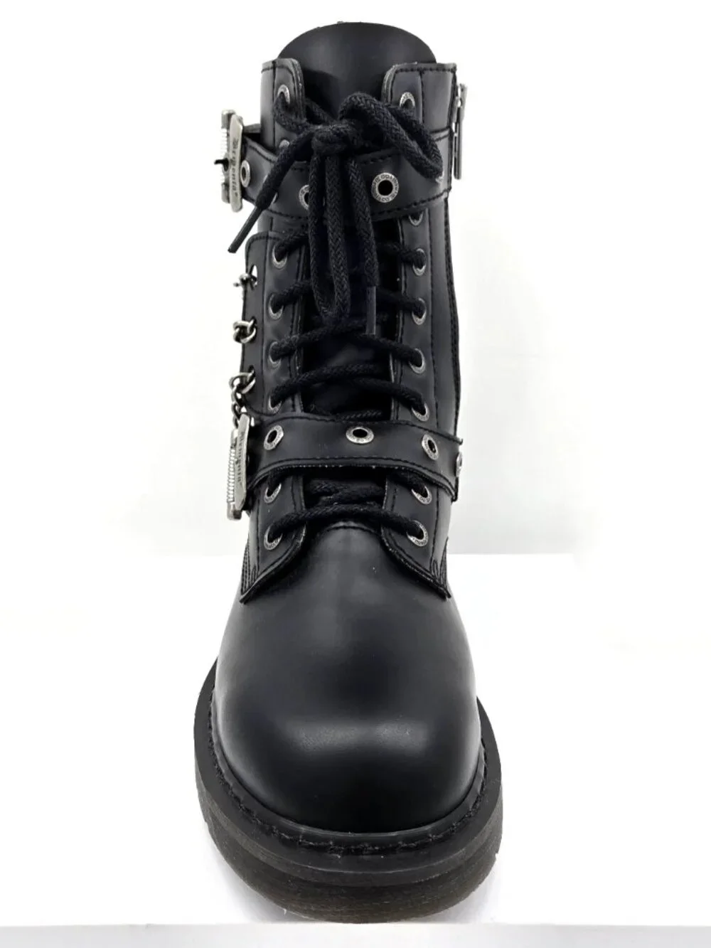 DEMONIA Bolt 250 Mens Sz 10 Black Goth Combat Biker Side Zip Buckle Chains Boots